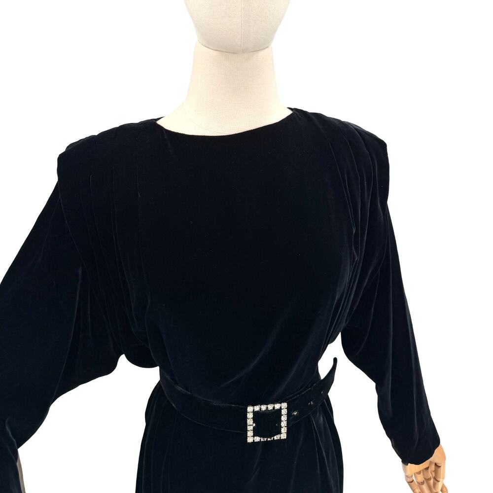 Vintage 80s Liz Claiborne Black Velvet Power Shoulder Glam Midi Dress - Picture 3 of 9